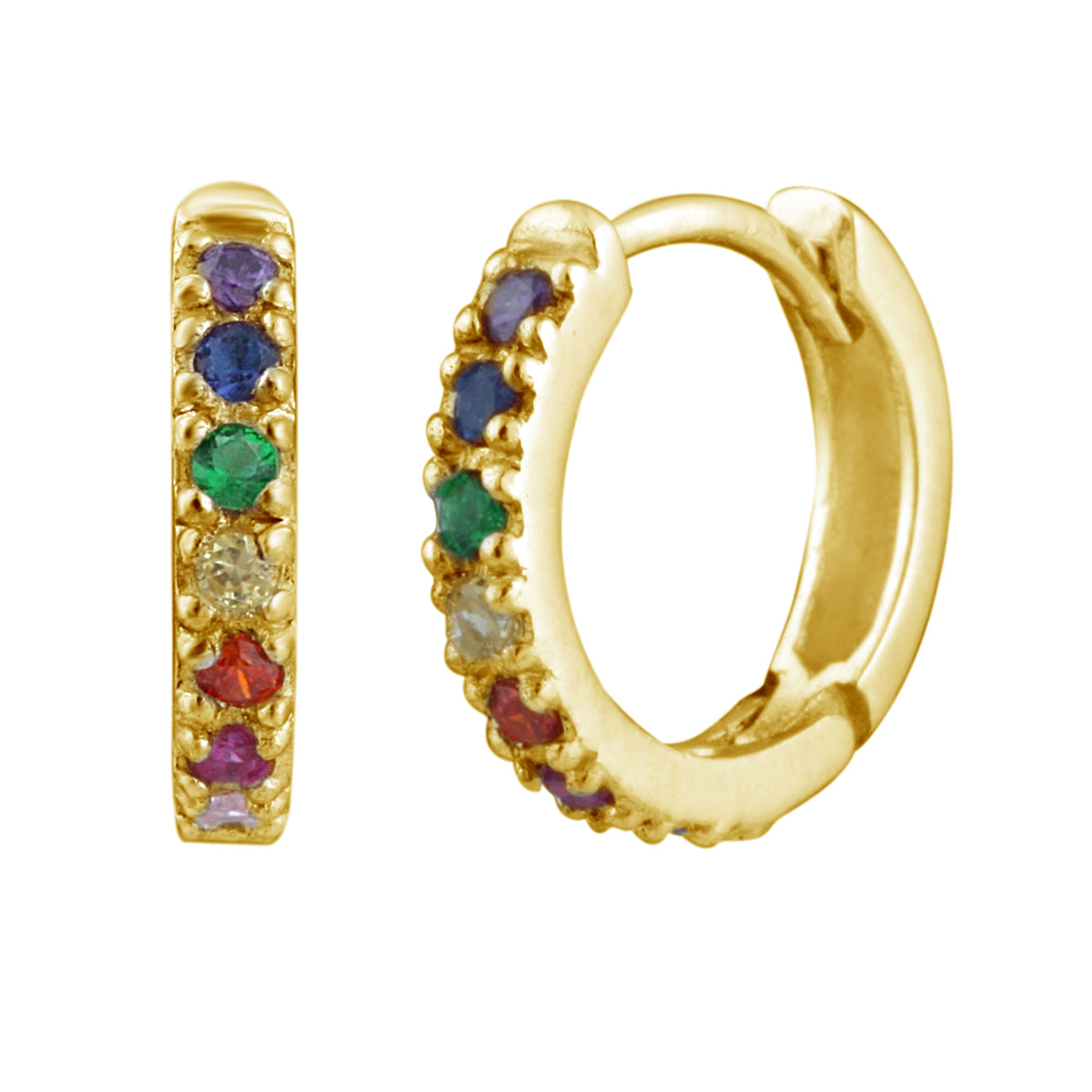 Tiny Huggie Hoops With top Rainbow Pavé CZ Gems, 18K Gold Plated Minimalist Jewelry, 925 Sterling Silver Earrings E151