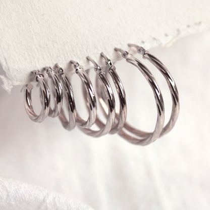 9ct White Gold Twisted 2mm Creole Earrings