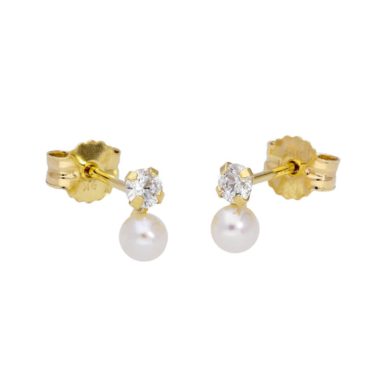 9ct Gold Clear CZ Freshwater Pearl Small Stud Earrings