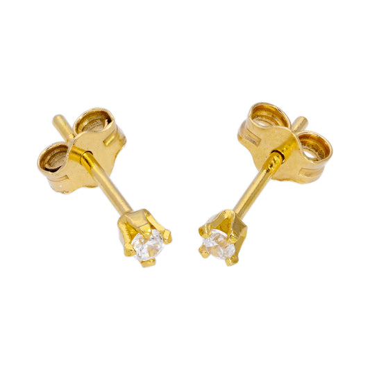 Gold Plated Sterling Silver & 2mm Round Clear CZ Crystal Stud Earrings