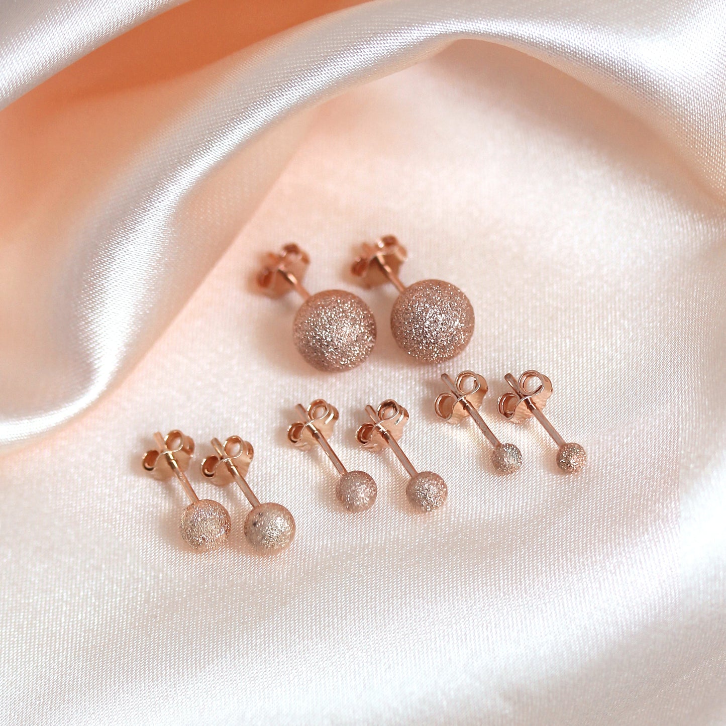 Rose Gold Plated Frosted Sterling Silver Ball Stud Earrings 3-8mm