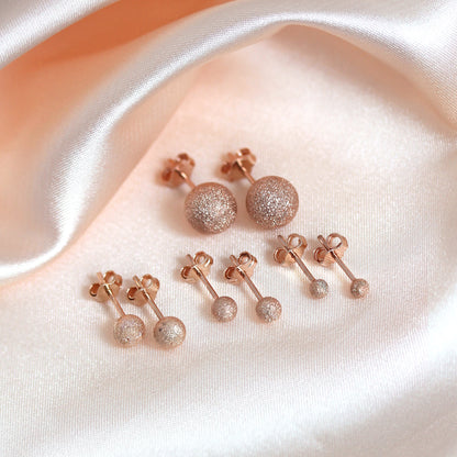 Rose Gold Plated Frosted Sterling Silver Ball Stud Earrings 3-8mm