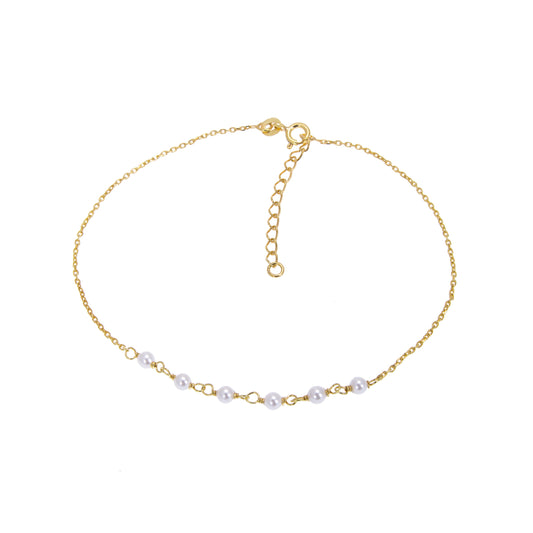 Gold Plated Sterling Silver & Pearl Hammered Trace Anklet 9 + 1.5 Inches