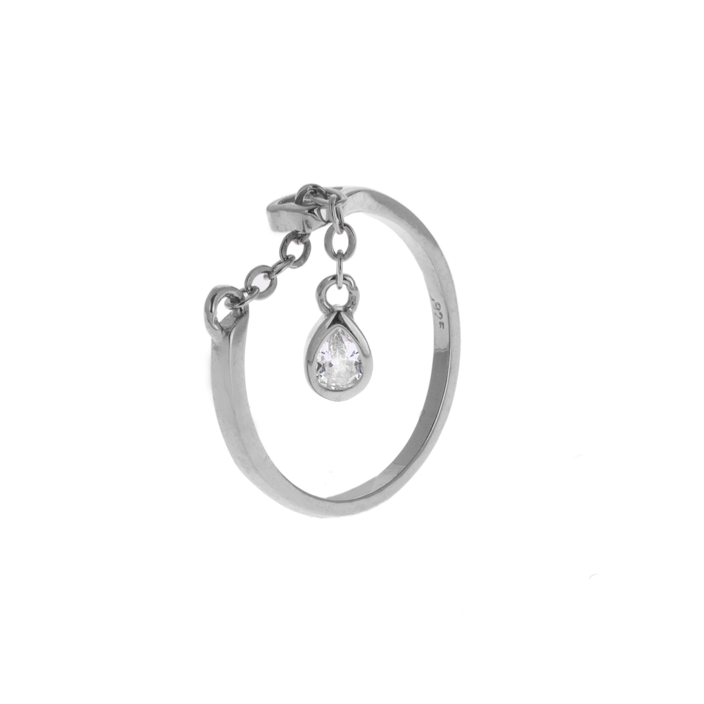 Sterling Silver Teardrop Clear CZ Chain Drop Dangle Adjustable Ring