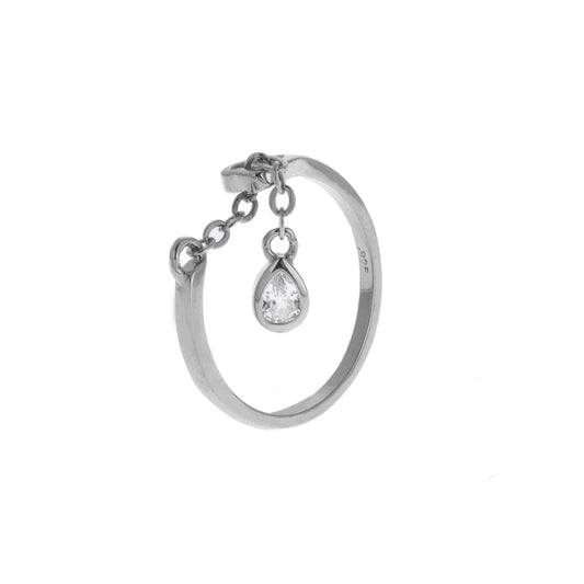 Sterling Silver Teardrop Clear CZ Chain Drop Dingle Justerbar Ring