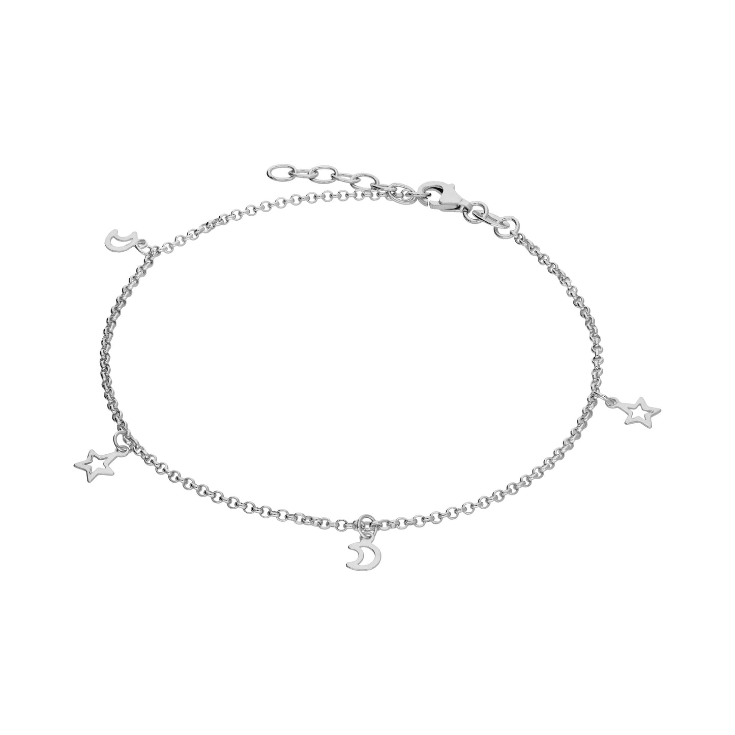 Sterling Silver Moon & Star Outline Drop Adjustable Anklet