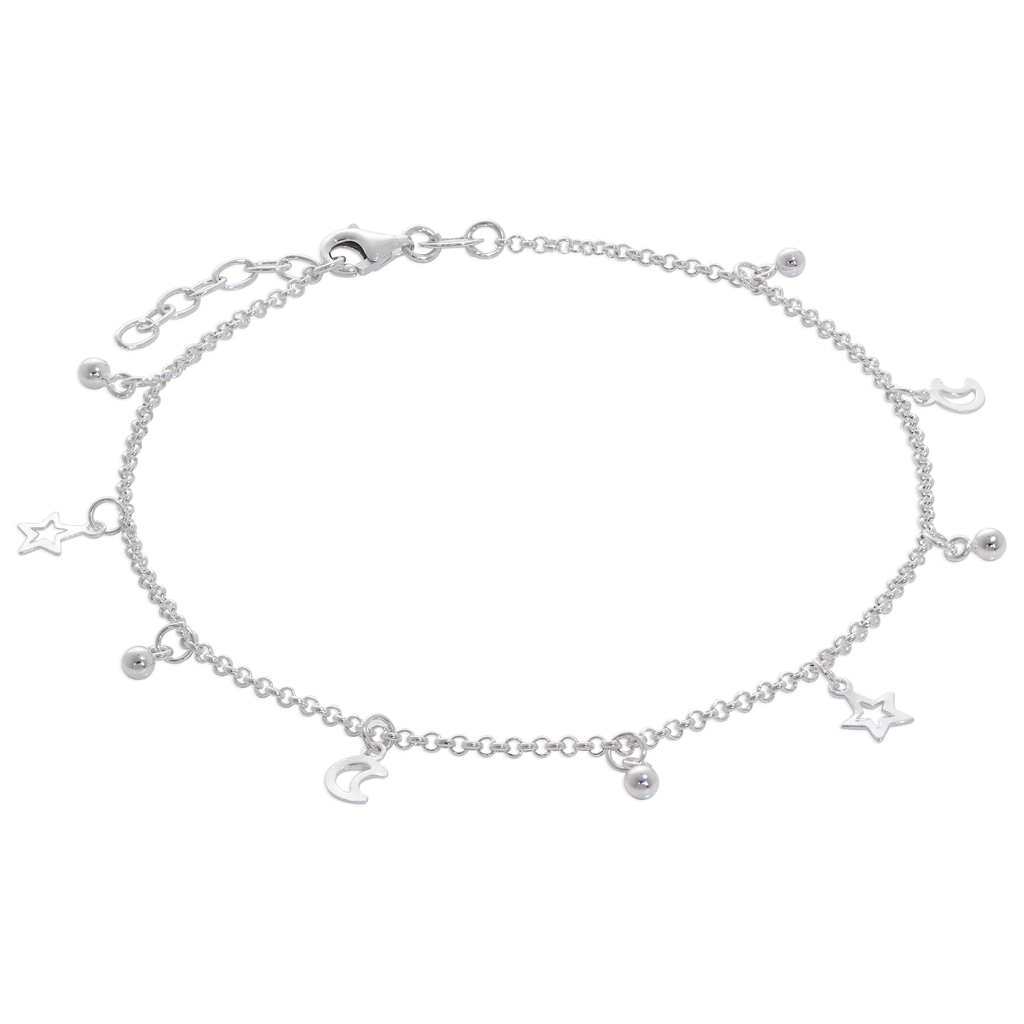 Sterling Silver Moon & Star Outline Ball Drop Adjustable Anklet