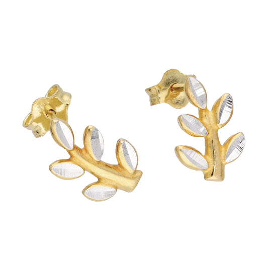 Gold Plated Sterling Silver Diamond Cut Leaf & Branch Stud Earrings