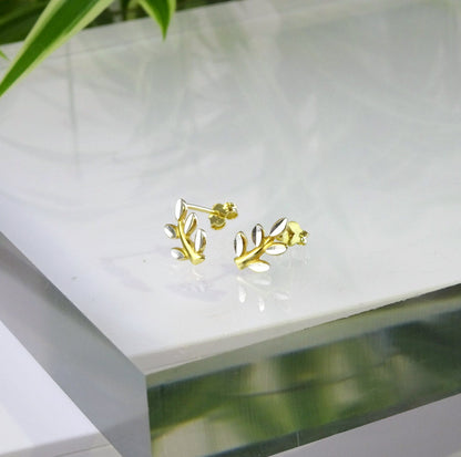 Gold Plated Sterling Silver Diamond Cut Leaf & Branch Stud Earrings