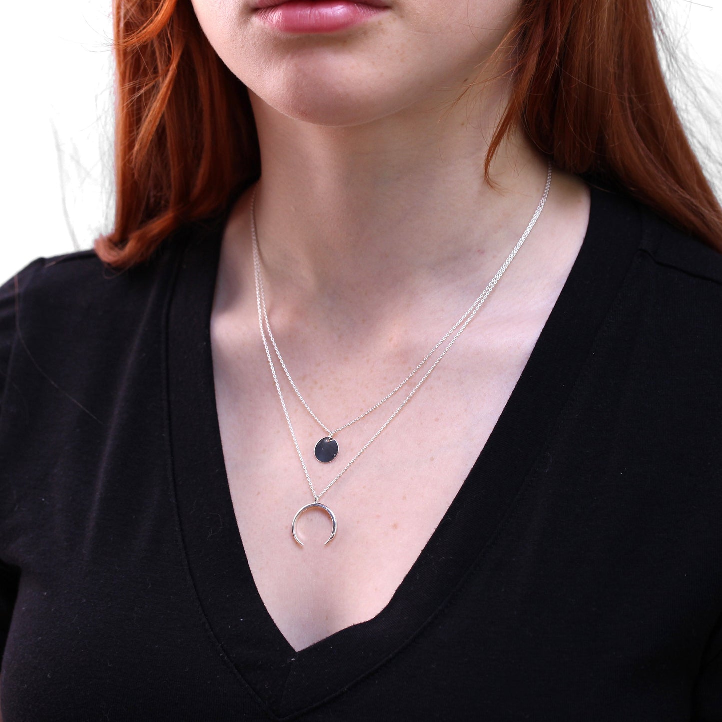 Sterling Silver Multi Double Layer Round Disc Horn Crescent Pendant Necklace