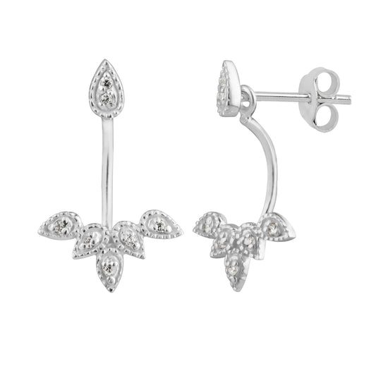 Sterling Silver Teardrop & Leaves Clear CZ Ear Jacket Stud Earrings