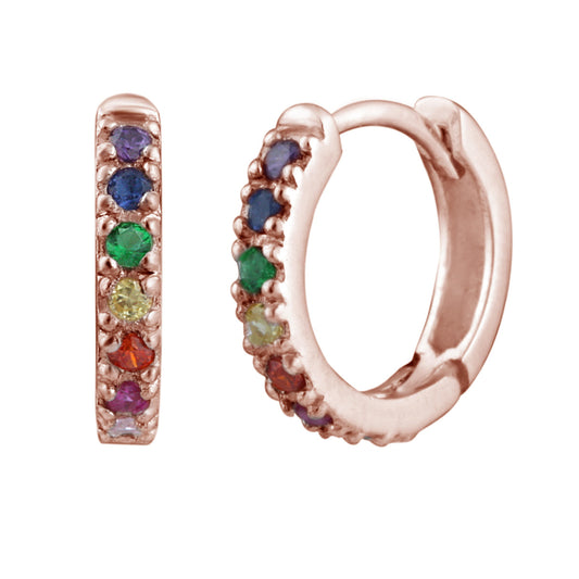 Rose Gold Plated Sterling Silver & Rainbow Crystal Huggie Hoop Earrings