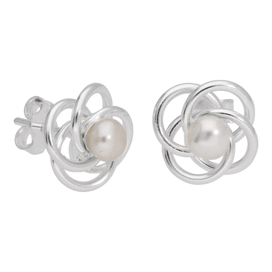 JB-EARRING-05 | Sterling Silver Wire Knot White Synethetic Pearl Stud Earrings