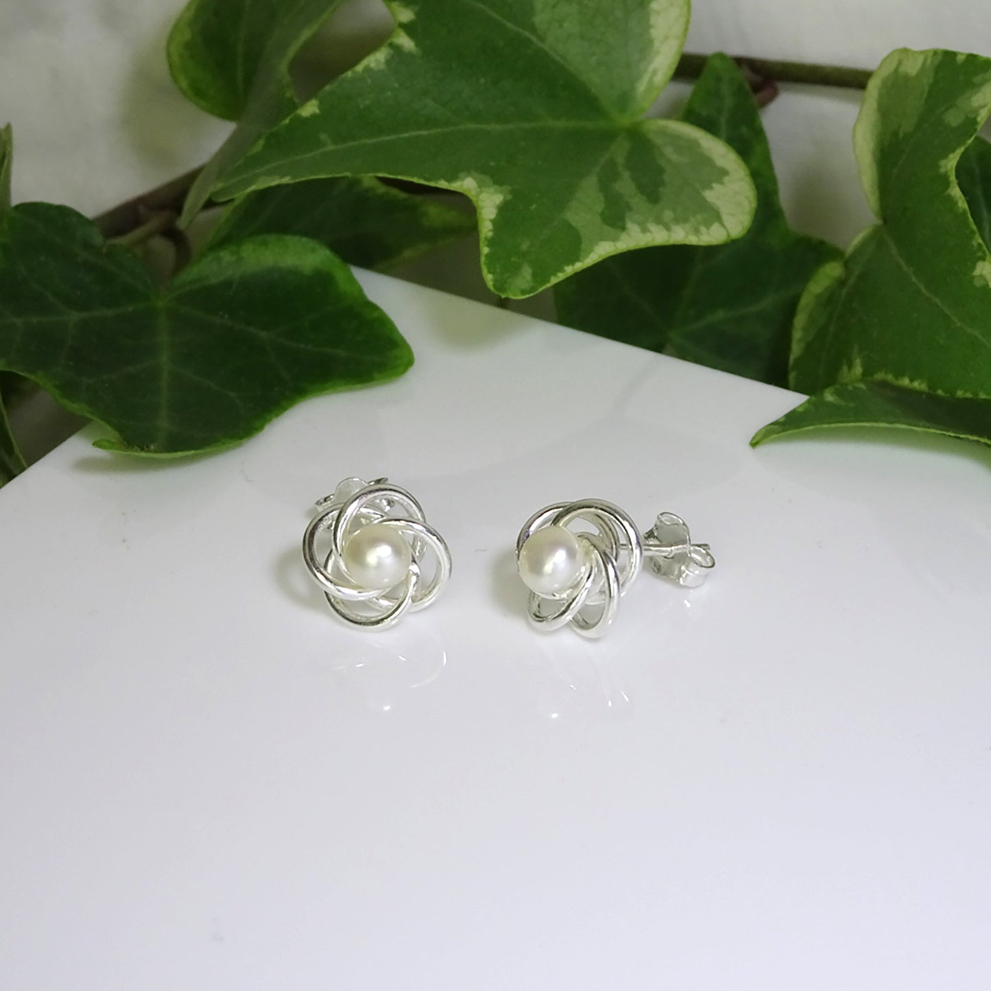 Sterling Silver Wire Knot White Synthetic Pearl Stud Earrings