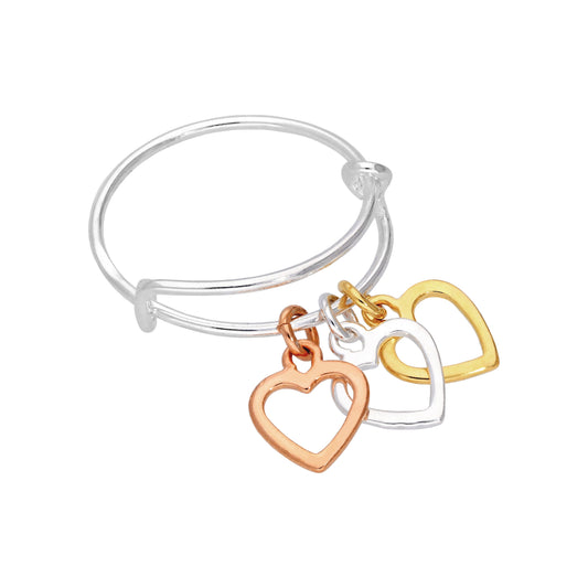 Sterling Silver & Gold Plated Triple Heart Drop Adjustable Ring