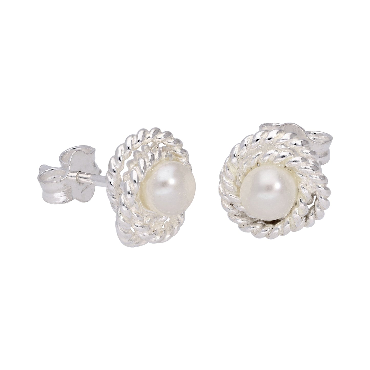 Sterling Silver Beaded Knot White Synthetic Pearl Stud Earrings