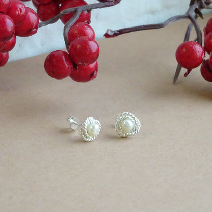 Sterling Silver Beaded Knot White Synthetic Pearl Stud Earrings