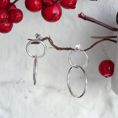 Sterling Silver Interlocking Double Circle Stud Drop Earrings