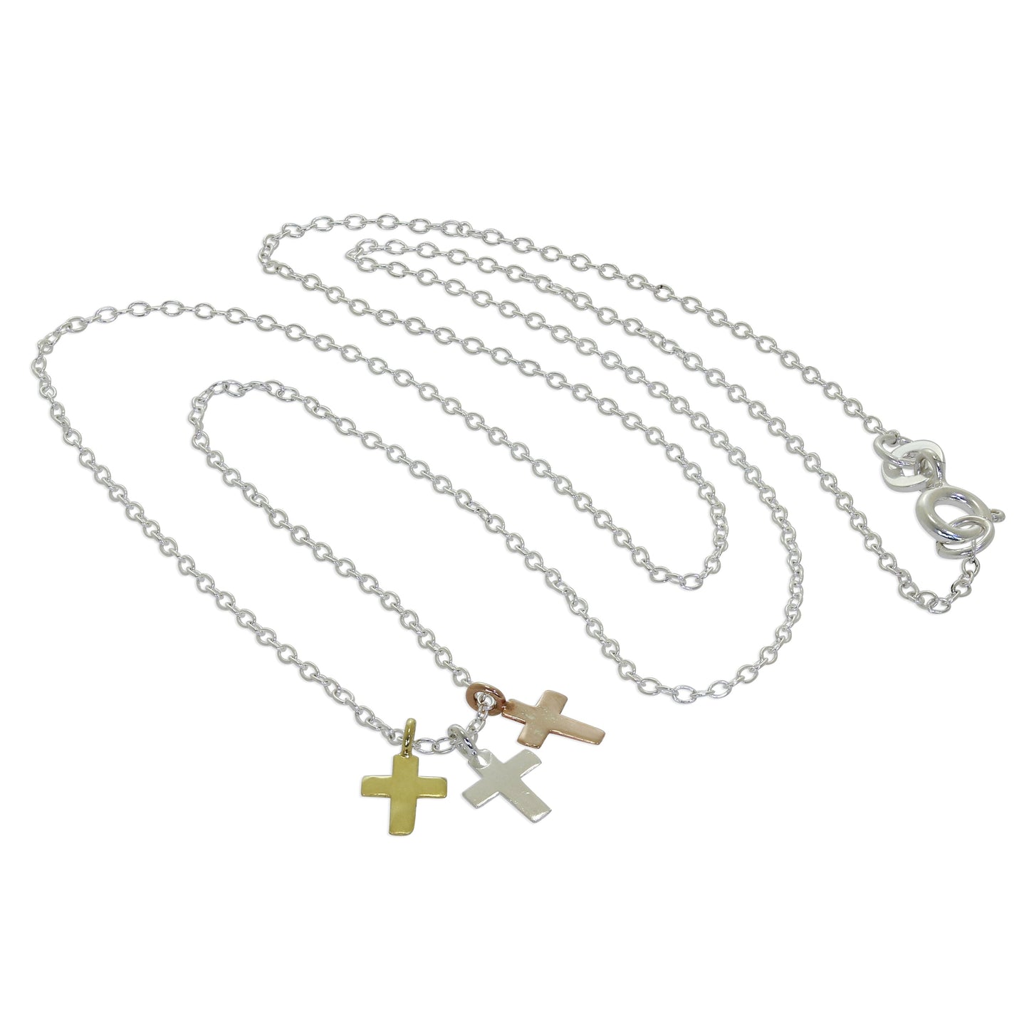 Sterling Silver Mixed Gold Plated Triple Cross Pendant Necklace