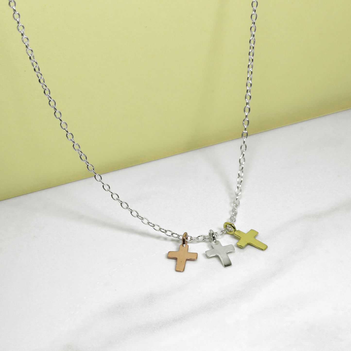 Sterling Silver Mixed Gold Plated Triple Cross Pendant Necklace