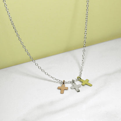 Sterling Silver Mixed Gold Plated Triple Cross Pendant Necklace