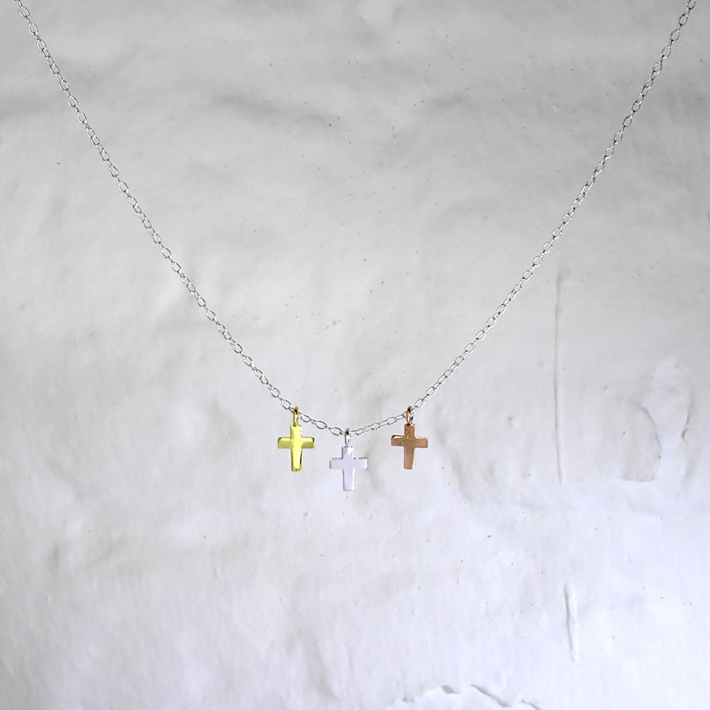 Sterling Silver Mixed Gold Plated Triple Cross Pendant Necklace