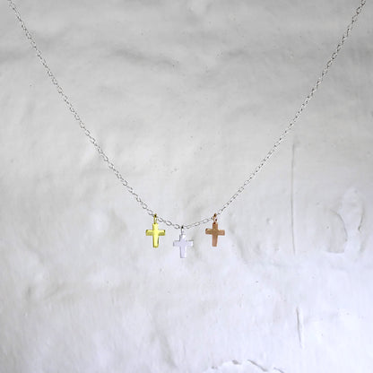 Sterling Silver Mixed Gold Plated Triple Cross Pendant Necklace