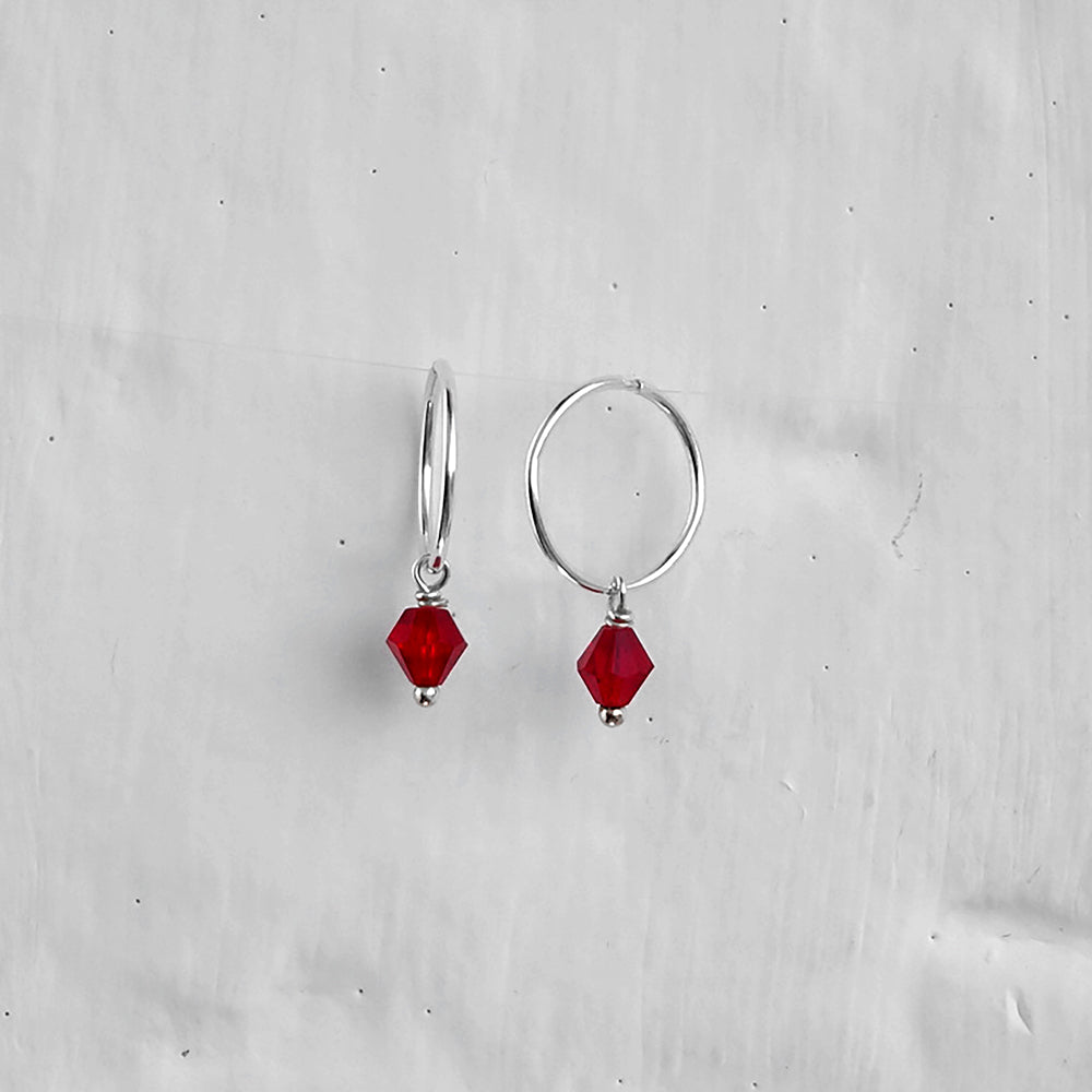 Sterling Silver Red CZ Crystal Bead Charm Hoop 12mm Earrings