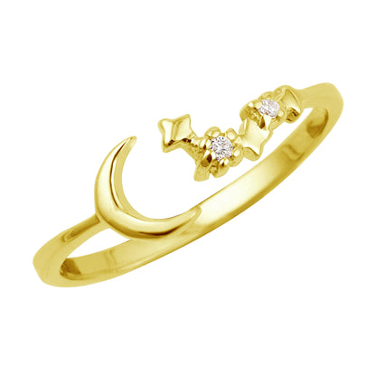 Gold Plated Sterling Silver Moon Star Open Adjustable Ring