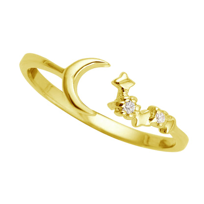 Gold Plated Sterling Silver Moon Star Open Adjustable Ring