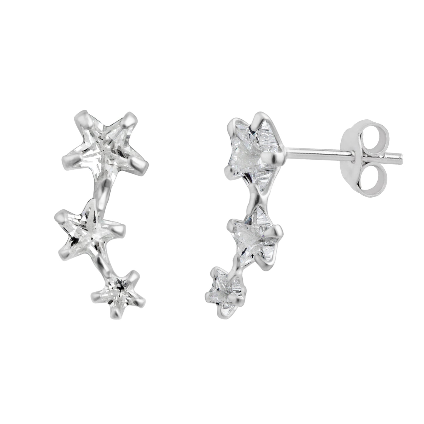 Sterling Silver Triple Clear Star CZ Stud Earrings