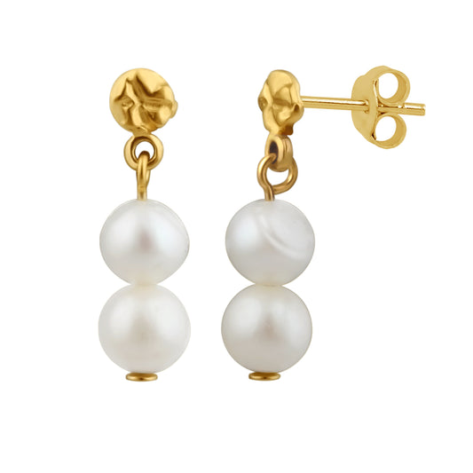 Gold Plated Sterling Silver Double Pearl Drop Stud Earrings