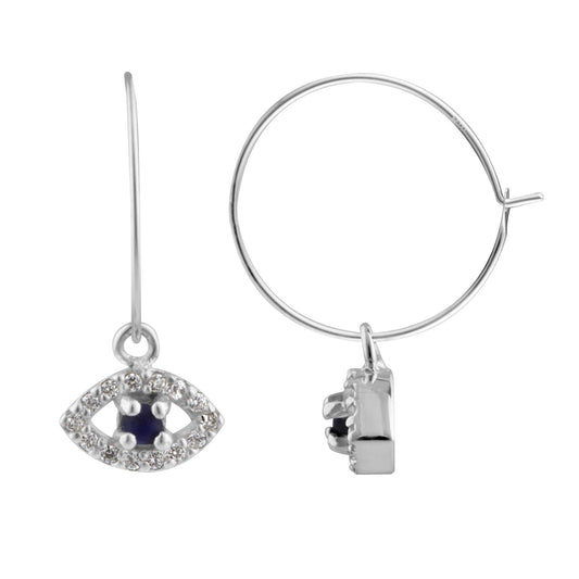 Sterling Silver CZ Lapis Evil Eye 15mm Charm Hoop Earrings