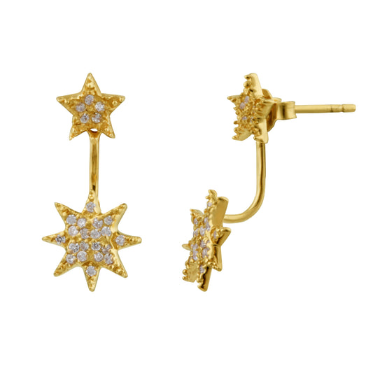 Gold Plated Sterling Silver CZ Starburst Jacket Stud Earrings