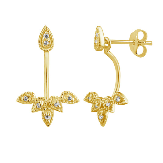 Gold Plated Sterling Silver Leaves CZ Ear Jacket Stud Earrings