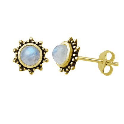 Gold Plated Sterling Silver & 5mm Moonstone Sun Stud Earrings