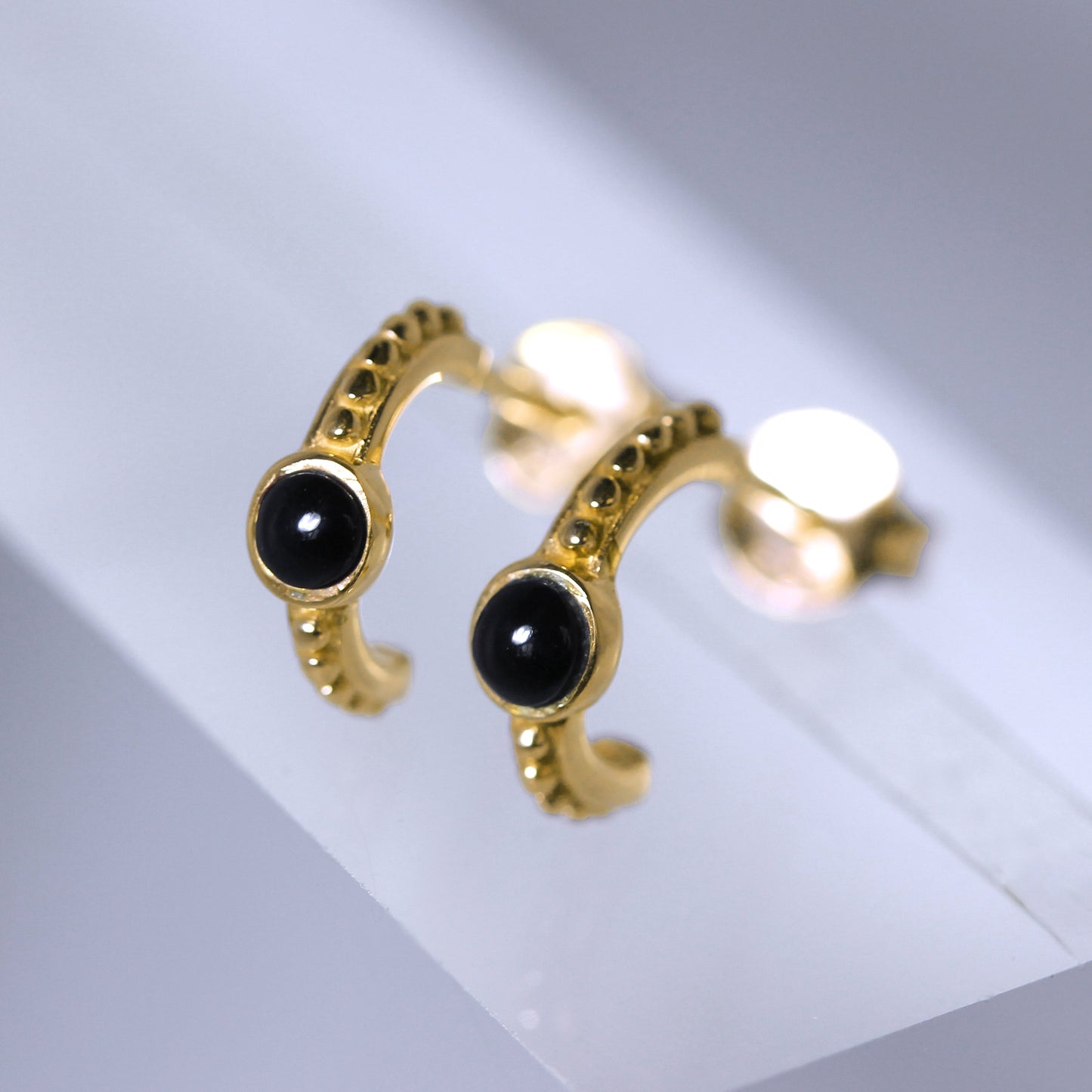 Gold Plated Sterling Silver Faux Onyx Beaded Hoop Stud Earrings