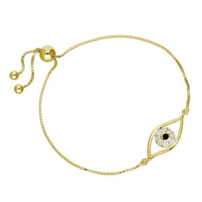 Gold Plated Sterling Silver & CZ Evil Eye Adjustable Bracelet