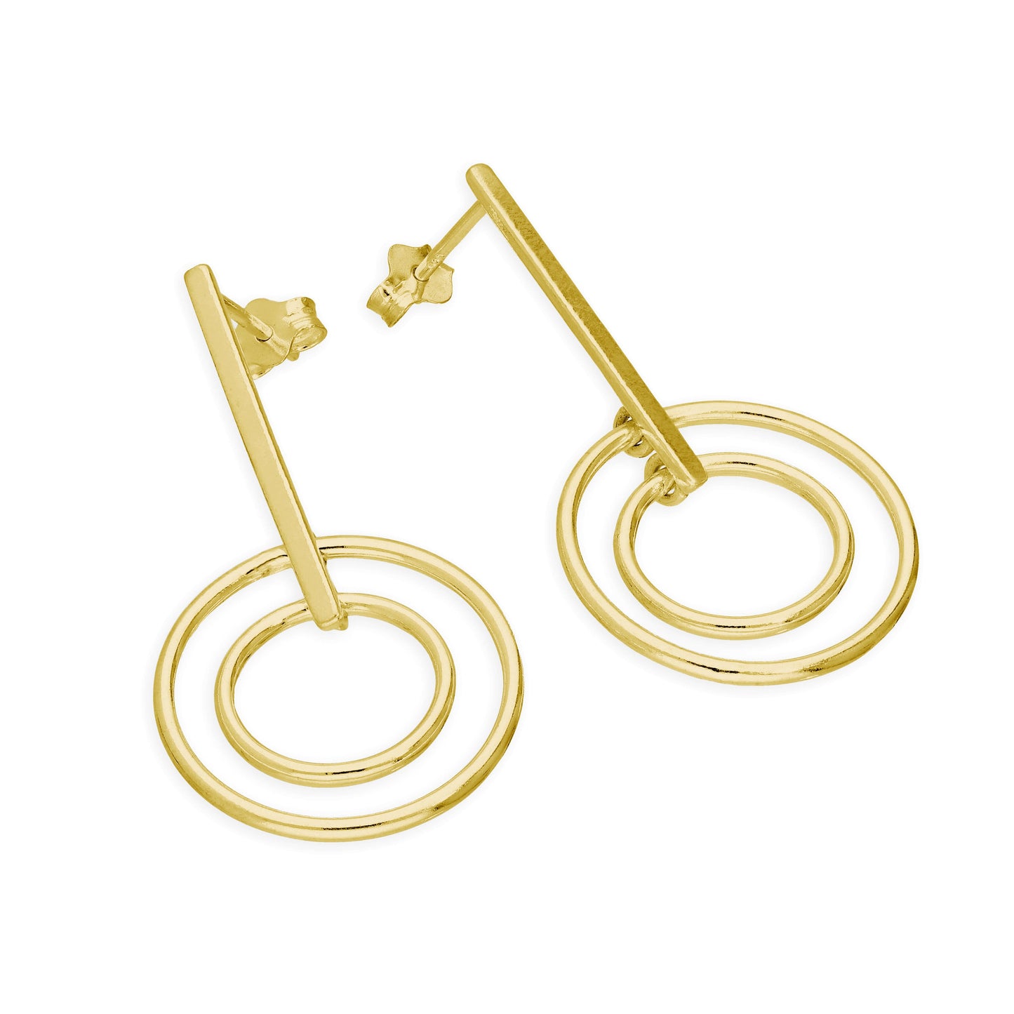 Gold Plated Sterling Silver Bar & Circles Drop Stud Earrings