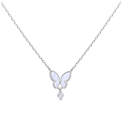 Sterling Silver Mother of Pearl Butterfly CZ Necklace 18 Inch