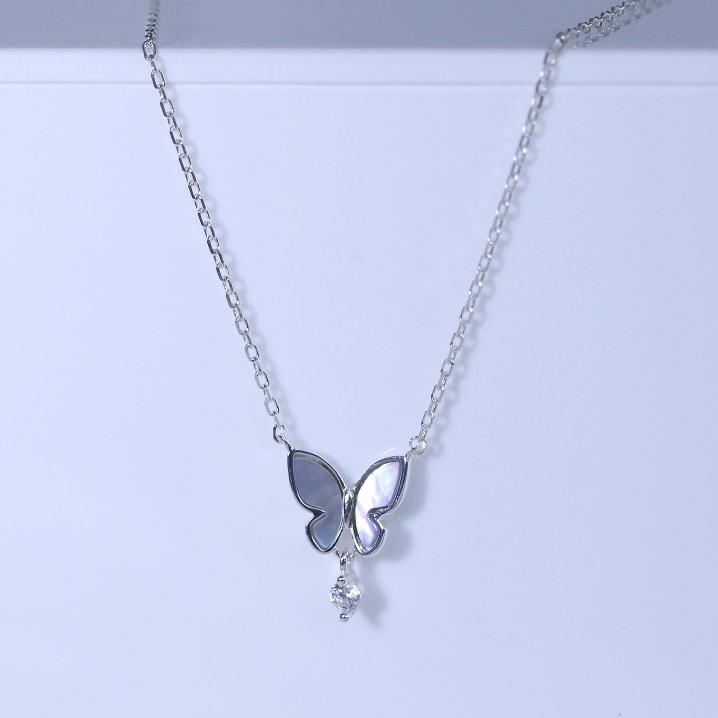 Sterling Silver Mother of Pearl Butterfly CZ Necklace 18 Inch