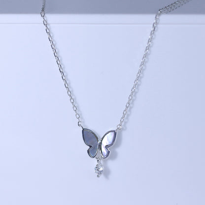 Sterling Silver Mother of Pearl Butterfly CZ Necklace 18 Inch