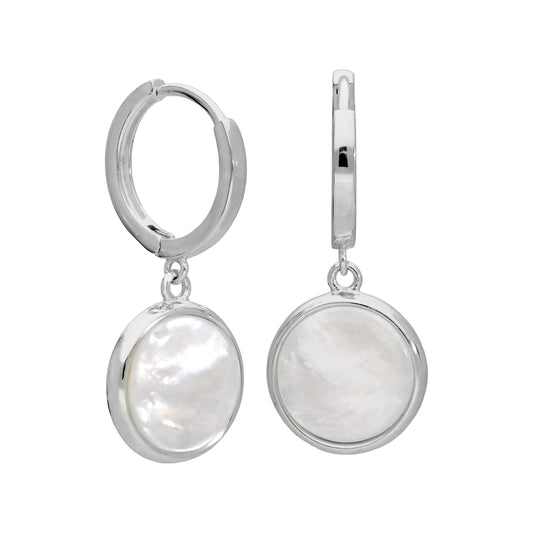 Sterling Silver Round Mother of Pearl Charm Hoops Earrings