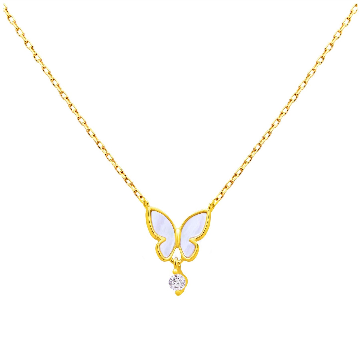 Gold Plated Sterling Silver Butterfly CZ Necklace 18 Inch