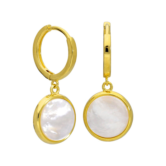 Gold Plated Sterling Silver Round Mother of Pearl Charm Hoops Earrings