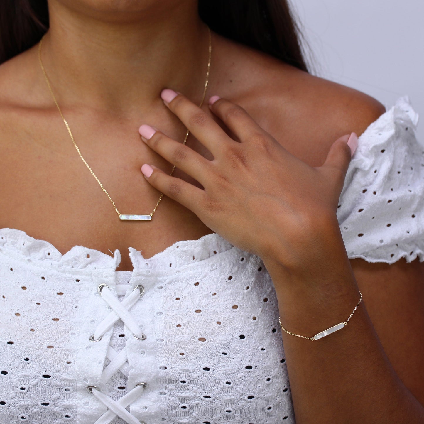 Gold Plated Sterling Silver Mother of Pearl Bar Adjustable Bracelet