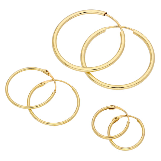 Triple 9ct Gold Plain 10 14 20mm Sleeper Hoop Earrings Set