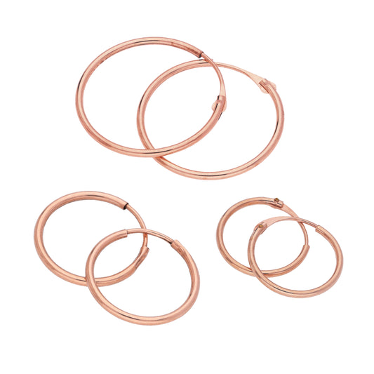 Trippel 9ct Rose Gold 10 14 18 mm Sleeper Hoop øredobber sett