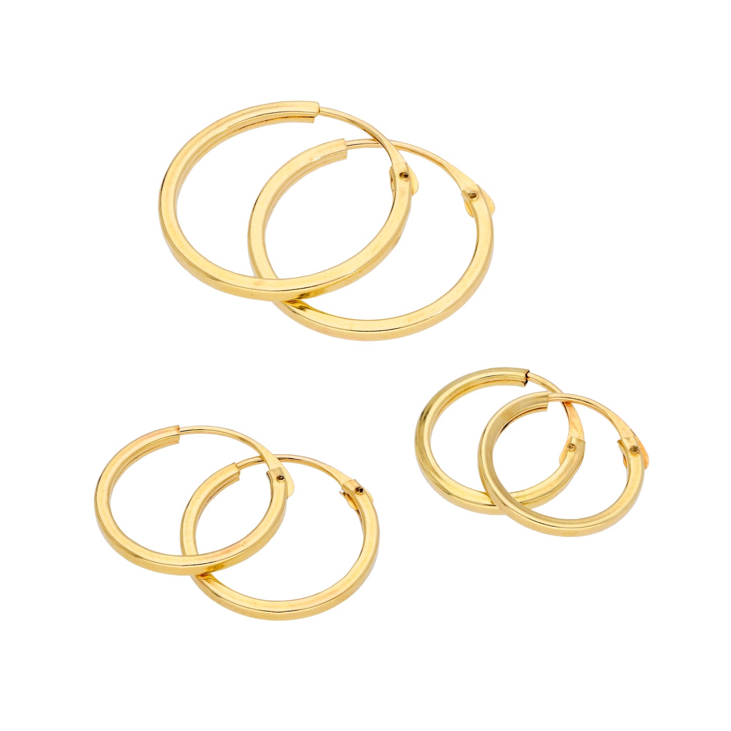 Triple 9ct Gold 1mm Square 10 12 14mm Hoop Earrings Set