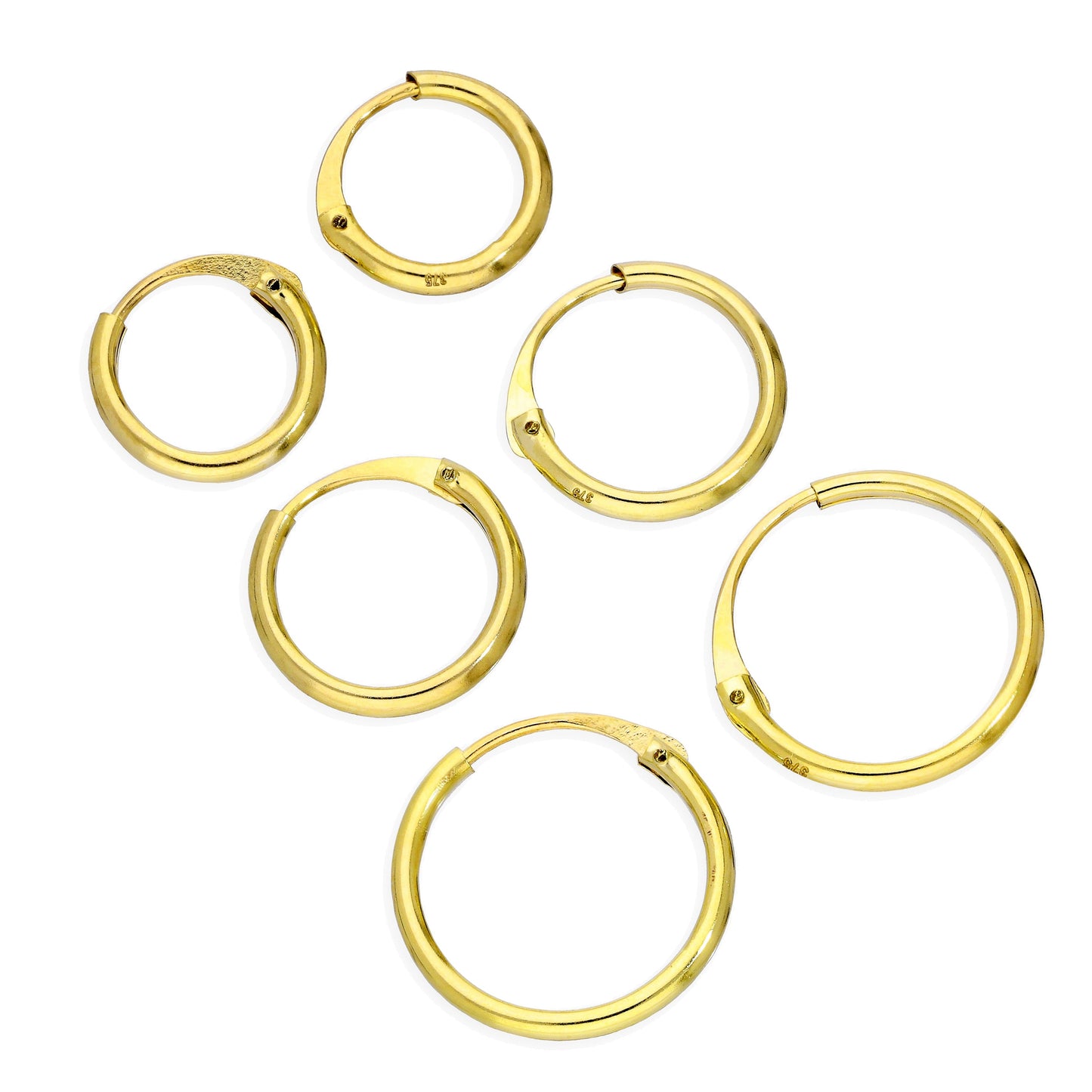 Triple 9ct Gold 1.2mm Tube Sleeper 8 10 12mm Hoop Earrings Set